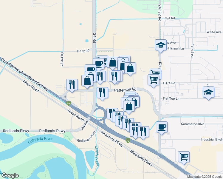 map of restaurants, bars, coffee shops, grocery stores, and more near 636 Market Street in Grand Junction
