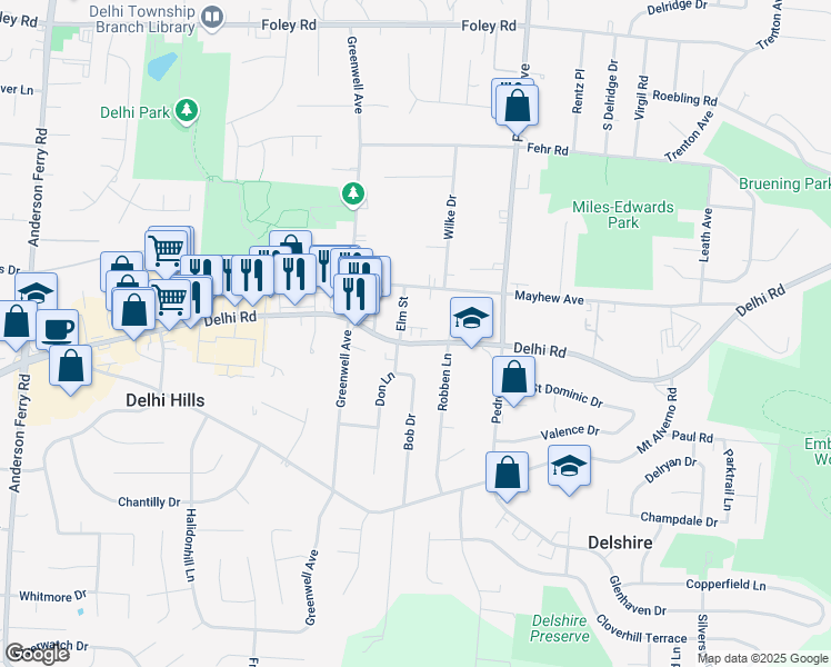 map of restaurants, bars, coffee shops, grocery stores, and more near 4705 Delhi Pike in Cincinnati