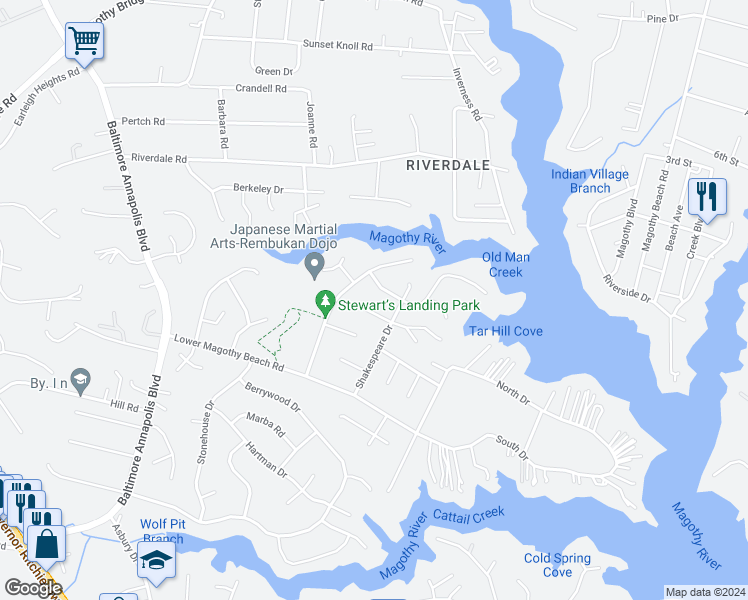 map of restaurants, bars, coffee shops, grocery stores, and more near 248 Moreau Court in Severna Park