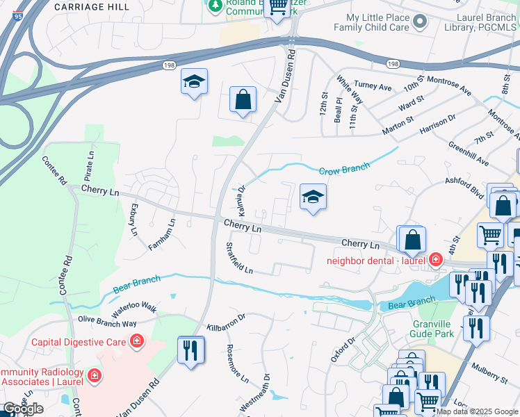map of restaurants, bars, coffee shops, grocery stores, and more near 7700 Cherry Lane in Laurel