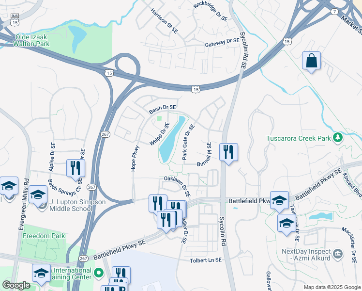 map of restaurants, bars, coffee shops, grocery stores, and more near 219 Park Gate Drive Southeast in Leesburg