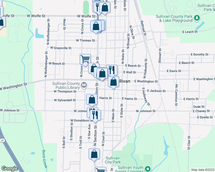 map of restaurants, bars, coffee shops, grocery stores, and more near Court House Square in Sullivan