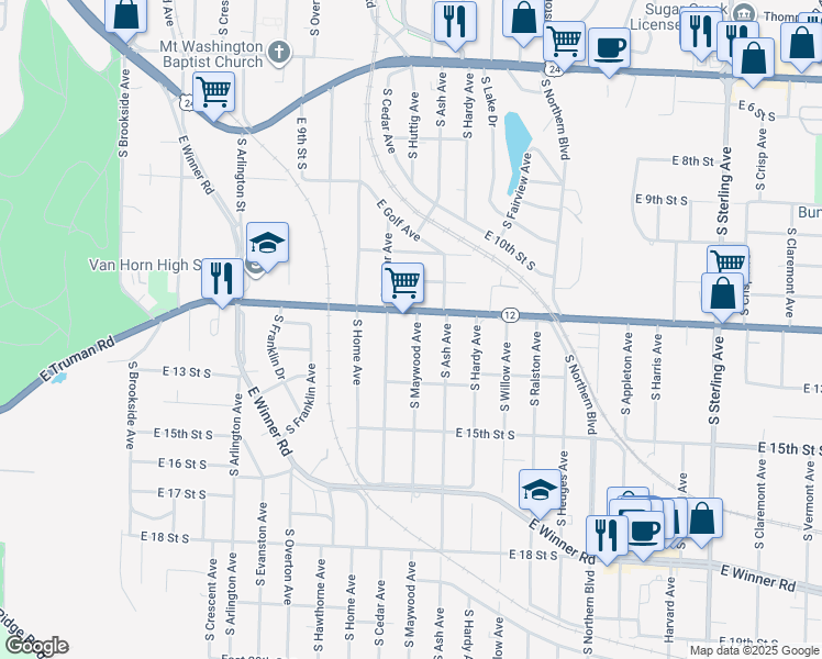 map of restaurants, bars, coffee shops, grocery stores, and more near 1210 South Maywood Avenue in Independence