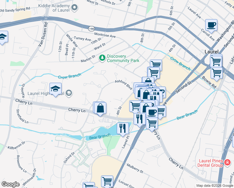 map of restaurants, bars, coffee shops, grocery stores, and more near 14800 4th Street in Laurel