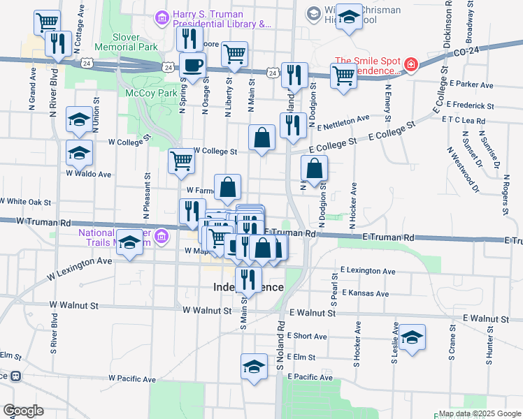 map of restaurants, bars, coffee shops, grocery stores, and more near 116 East White Oak Street in Independence
