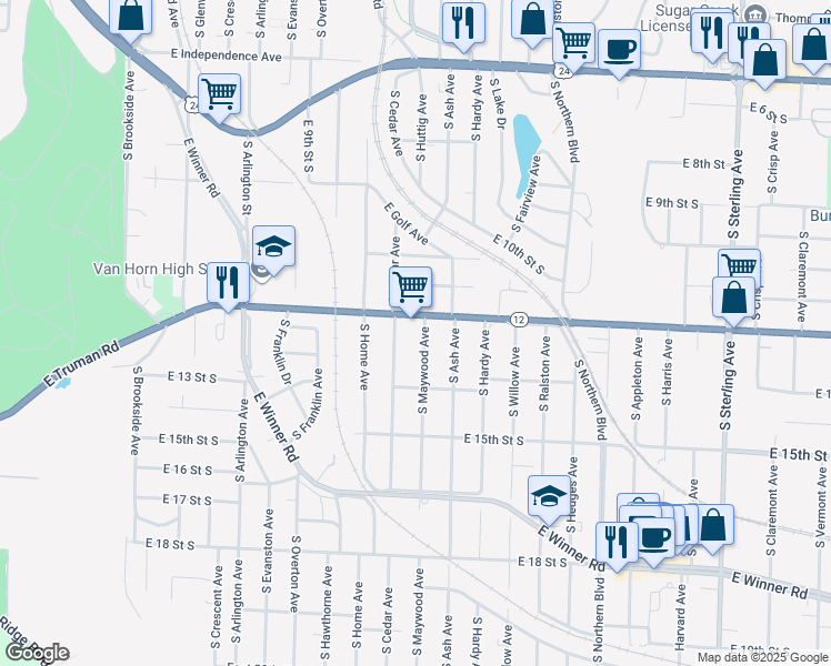 map of restaurants, bars, coffee shops, grocery stores, and more near 1210 South Maywood Avenue in Independence