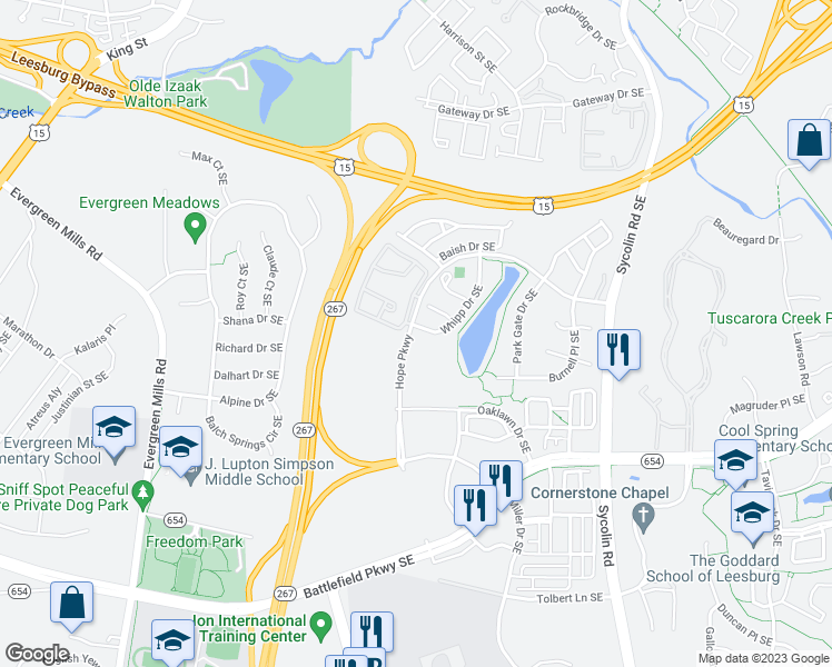 map of restaurants, bars, coffee shops, grocery stores, and more near 347 Whipp Drive Southeast in Leesburg