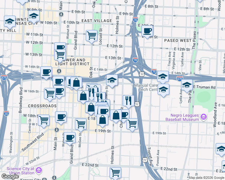 map of restaurants, bars, coffee shops, grocery stores, and more near 1522 Holmes Street in Kansas City
