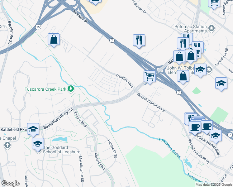 map of restaurants, bars, coffee shops, grocery stores, and more near 220 Petite Sirah Terrace Southeast in Leesburg