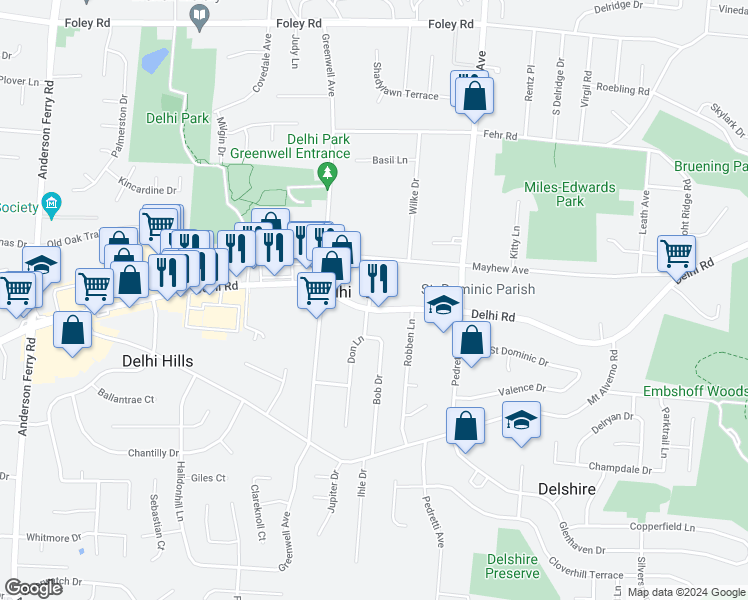 map of restaurants, bars, coffee shops, grocery stores, and more near 4705 Delhi Pike in Cincinnati