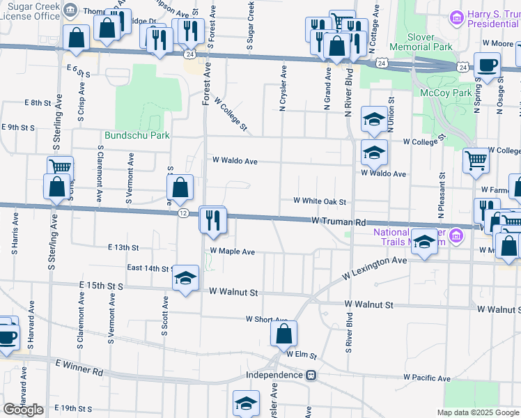 map of restaurants, bars, coffee shops, grocery stores, and more near 1314 West Truman Road in Independence