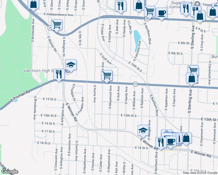 map of restaurants, bars, coffee shops, grocery stores, and more near 1210 South Maywood Avenue in Independence