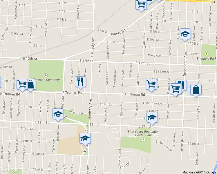 map of restaurants, bars, coffee shops, grocery stores, and more near 1431 Oakley Avenue in Kansas City