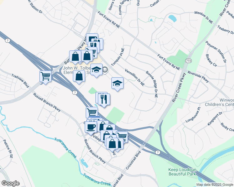 map of restaurants, bars, coffee shops, grocery stores, and more near 701 Potomac Station Drive in Leesburg