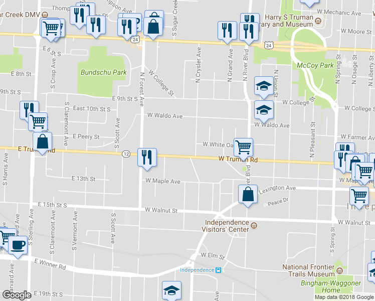 map of restaurants, bars, coffee shops, grocery stores, and more near 1314 West Truman Road in Independence