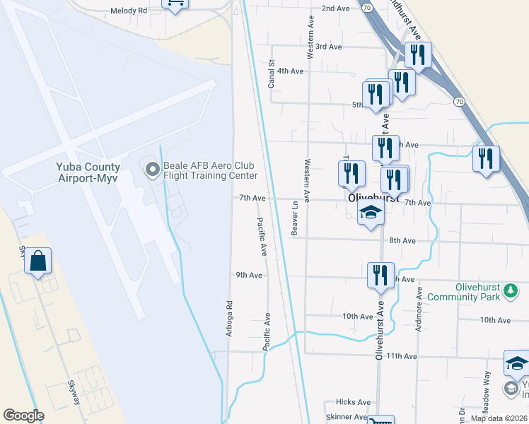 map of restaurants, bars, coffee shops, grocery stores, and more near 1564 7th Avenue in Olivehurst