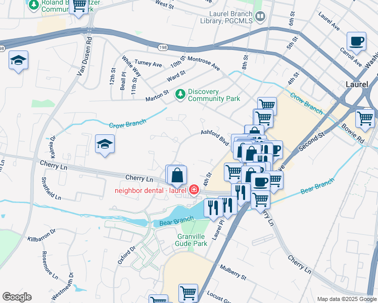 map of restaurants, bars, coffee shops, grocery stores, and more near 8301 Ashford Boulevard in Laurel
