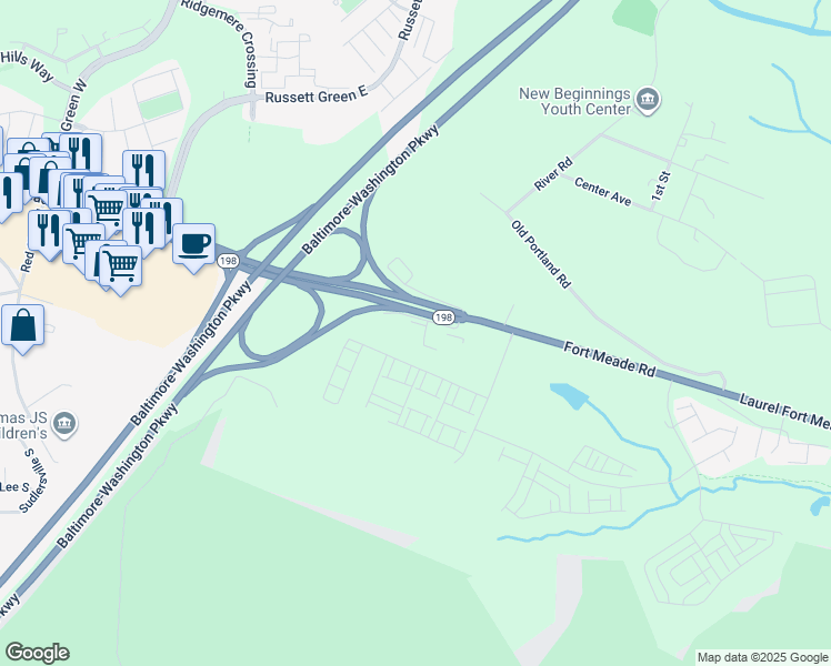 map of restaurants, bars, coffee shops, grocery stores, and more near 3371 Laurel Fort Meade Road in Laurel