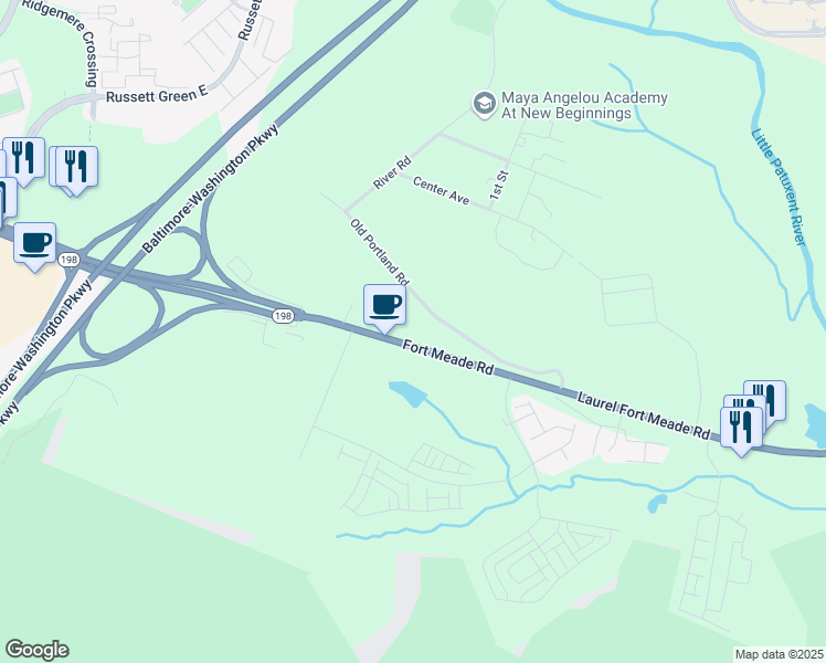 map of restaurants, bars, coffee shops, grocery stores, and more near 3350 Fort Meade Road in Laurel