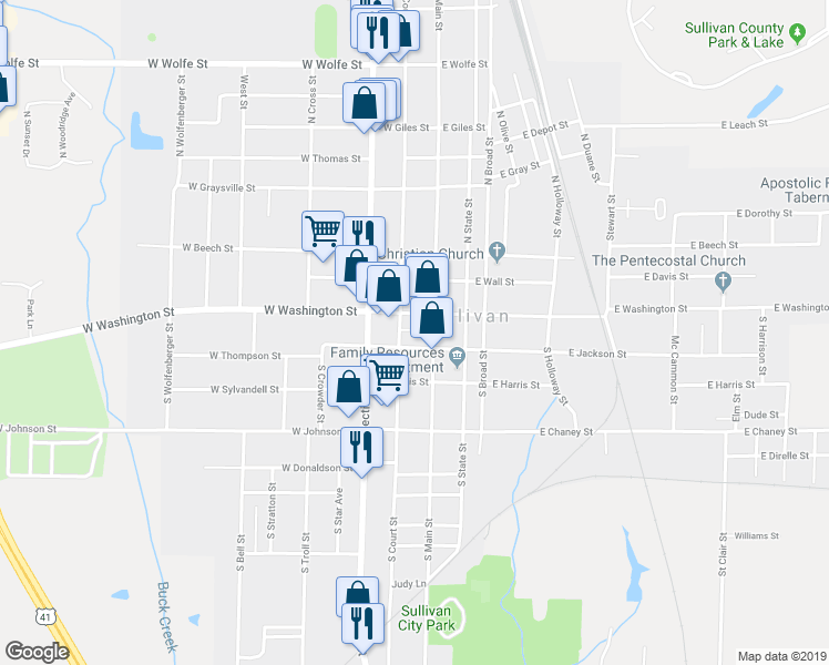 map of restaurants, bars, coffee shops, grocery stores, and more near 100 Court House Square in Sullivan
