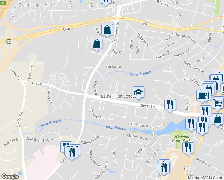 map of restaurants, bars, coffee shops, grocery stores, and more near 14814 Belle Ami Drive in Laurel
