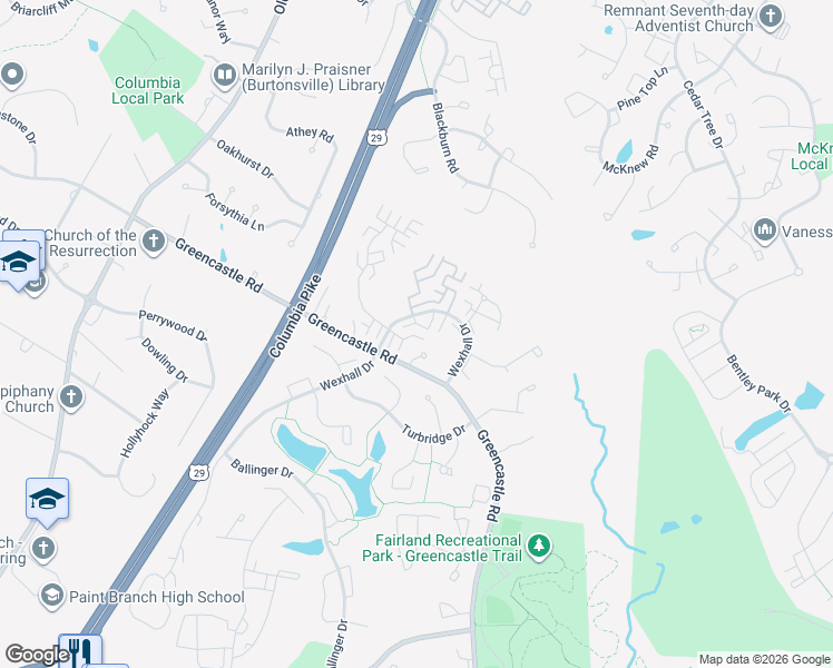 map of restaurants, bars, coffee shops, grocery stores, and more near 14604 Wexhall Terrace in Burtonsville