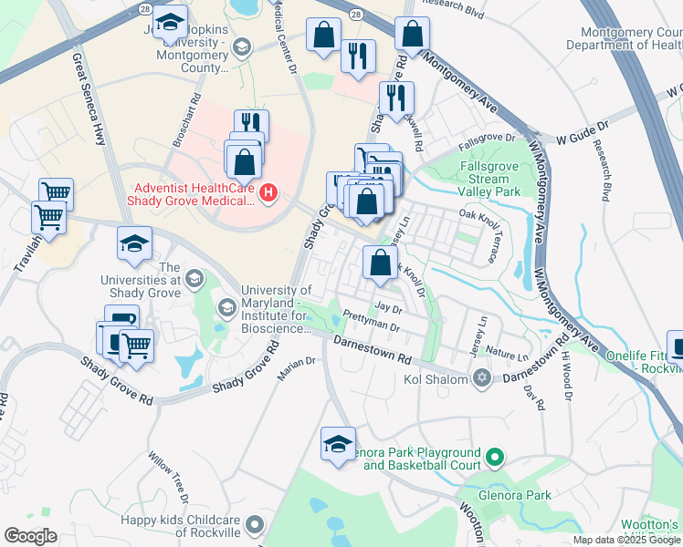 map of restaurants, bars, coffee shops, grocery stores, and more near 306 Prettyman Drive in Rockville
