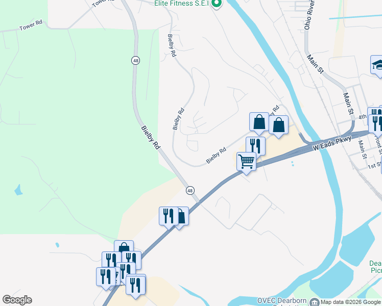 map of restaurants, bars, coffee shops, grocery stores, and more near 301 Riverscape Court in Lawrenceburg