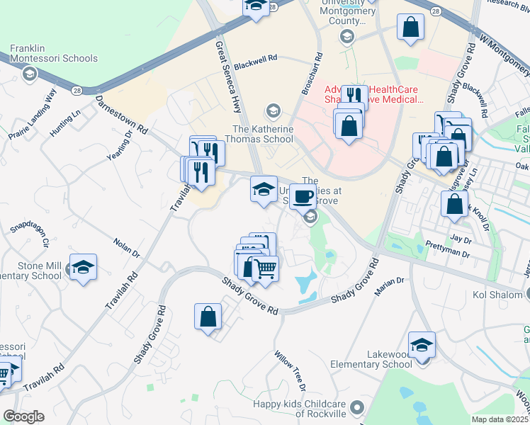 map of restaurants, bars, coffee shops, grocery stores, and more near 14426 Traville Gardens Circle in Rockville
