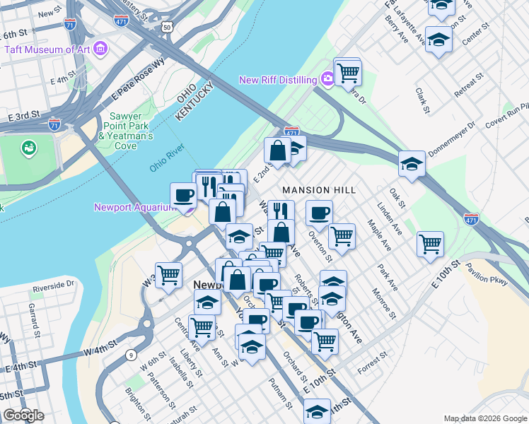 map of restaurants, bars, coffee shops, grocery stores, and more near 215 East Southgate Street in Newport