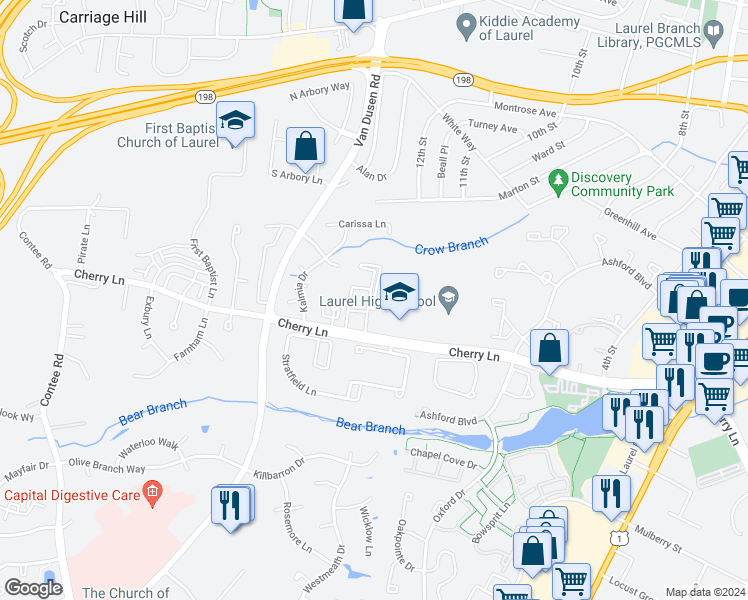 map of restaurants, bars, coffee shops, grocery stores, and more near 14905 Belle Ami Drive in Laurel