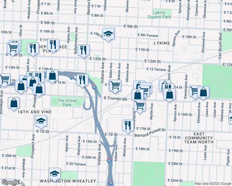 map of restaurants, bars, coffee shops, grocery stores, and more near 3550 East Truman Road in Kansas City