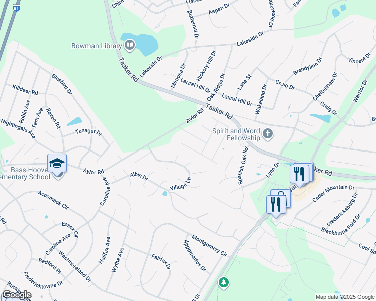 map of restaurants, bars, coffee shops, grocery stores, and more near 108 Slippery Elm Drive in Stephens City