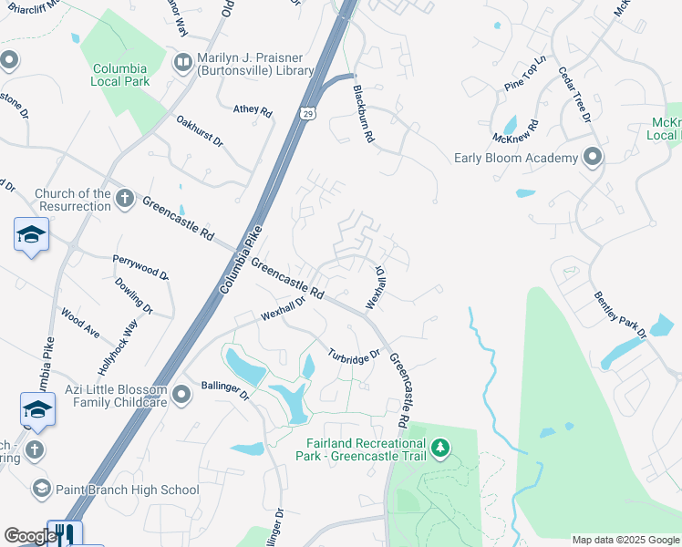 map of restaurants, bars, coffee shops, grocery stores, and more near 3733 Amsterdam Terrace in Burtonsville