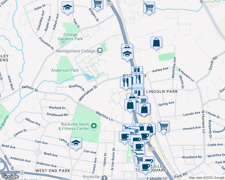 map of restaurants, bars, coffee shops, grocery stores, and more near 840 Ivy League Lane in Rockville