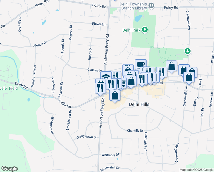 map of restaurants, bars, coffee shops, grocery stores, and more near 412 Anderson Ferry Rd in Cincinnati