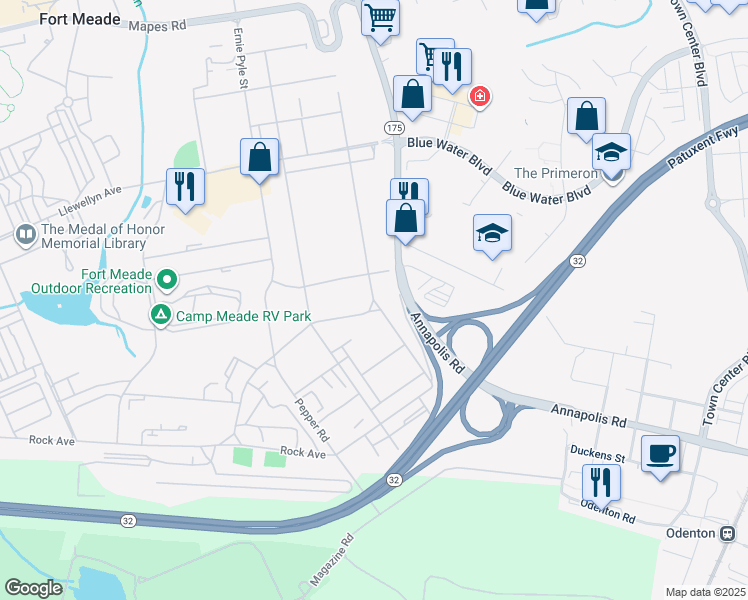 map of restaurants, bars, coffee shops, grocery stores, and more near Chamberlin Avenue in Fort Meade
