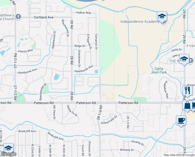 map of restaurants, bars, coffee shops, grocery stores, and more near 2824 Meade Court in Grand Junction