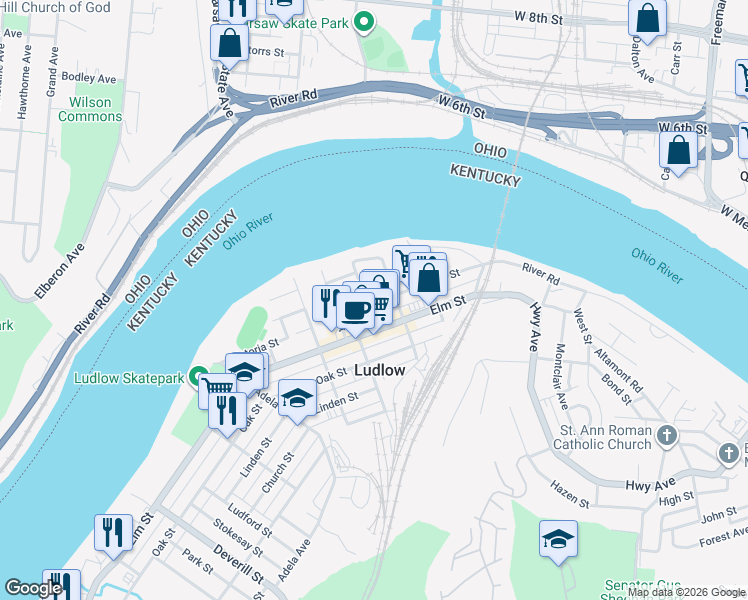 map of restaurants, bars, coffee shops, grocery stores, and more near 47 Euclid Street in Ludlow