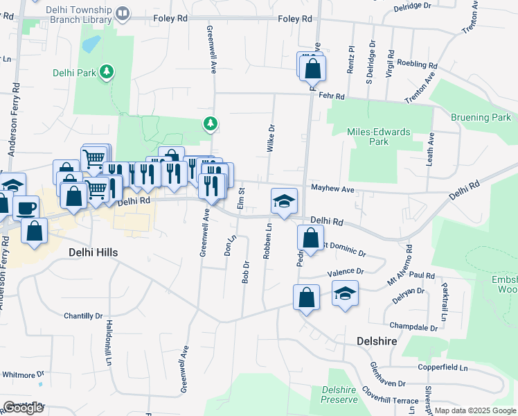 map of restaurants, bars, coffee shops, grocery stores, and more near 4705 Delhi Pike in Cincinnati