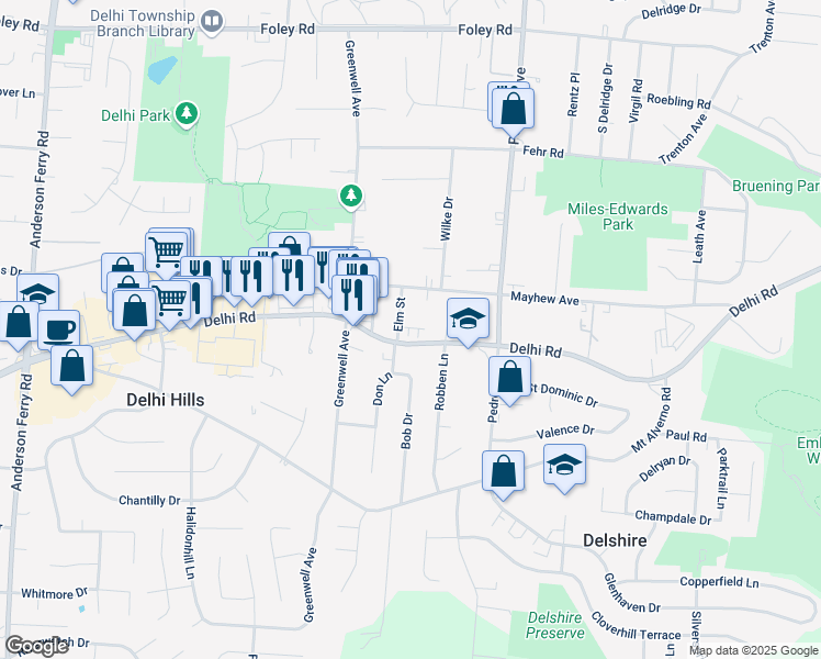 map of restaurants, bars, coffee shops, grocery stores, and more near 4705 Delhi Pike in Cincinnati