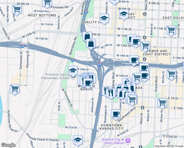 map of restaurants, bars, coffee shops, grocery stores, and more near 1627 Summit Street in Kansas City
