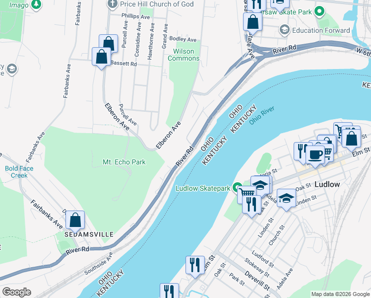 map of restaurants, bars, coffee shops, grocery stores, and more near 2634 Ohio River Scenic Byway in Cincinnati