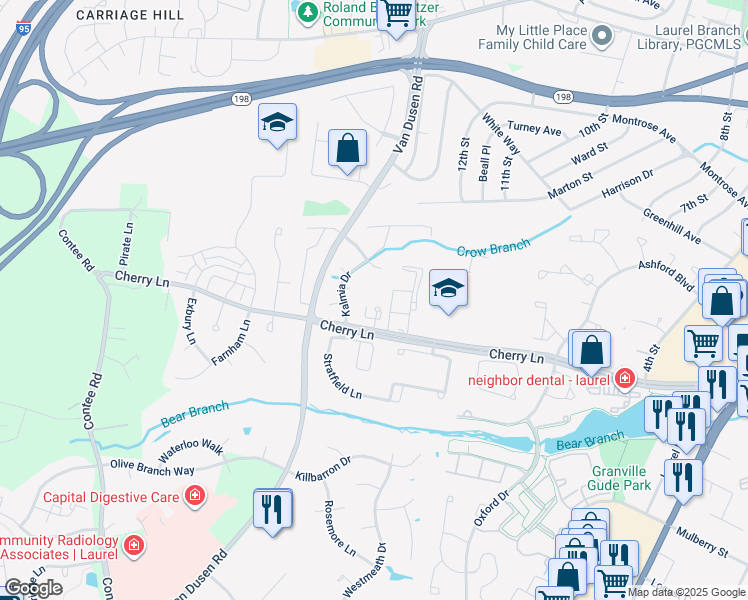 map of restaurants, bars, coffee shops, grocery stores, and more near 7700 Cherry Lane in Laurel