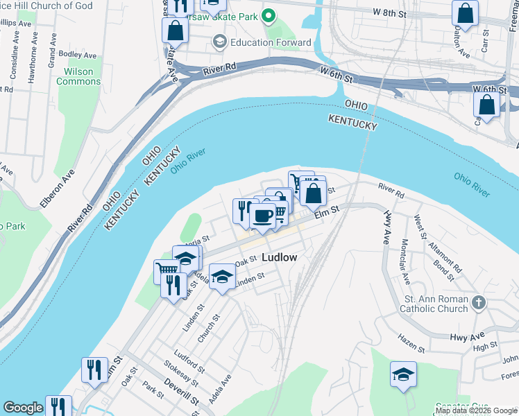 map of restaurants, bars, coffee shops, grocery stores, and more near 254 Latta Avenue in Ludlow