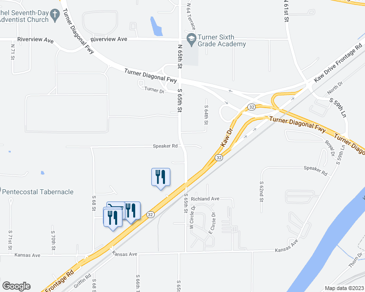 map of restaurants, bars, coffee shops, grocery stores, and more near S 65th St & Speaker Rd in Kansas City
