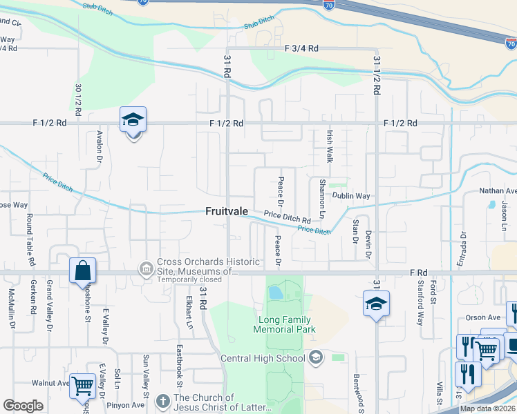 map of restaurants, bars, coffee shops, grocery stores, and more near 3113 Price Ditch Road in Grand Junction