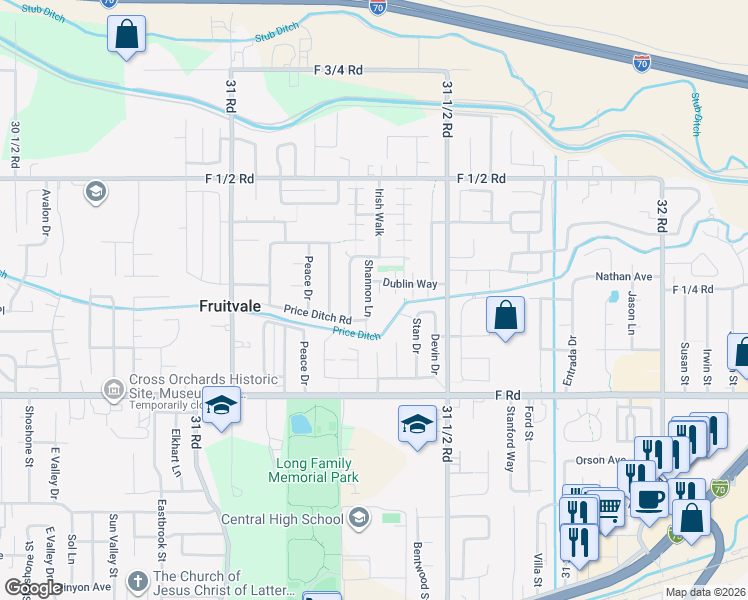 map of restaurants, bars, coffee shops, grocery stores, and more near 626 Shannon Lane in Grand Junction