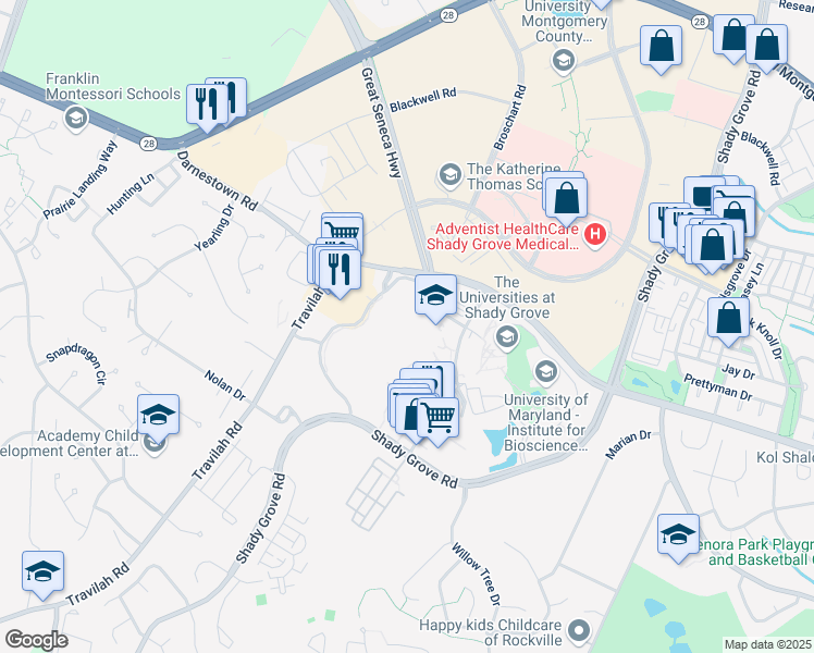 map of restaurants, bars, coffee shops, grocery stores, and more near 9820 Darnestown Road in Rockville