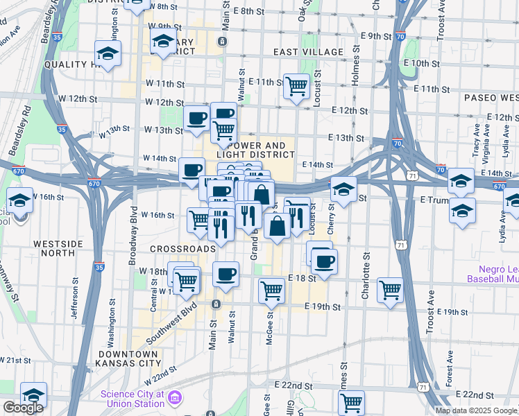map of restaurants, bars, coffee shops, grocery stores, and more near 1537 Grand Boulevard in Kansas City